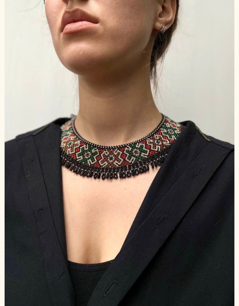 Ukrainian SYLYANKA Seed Bead Necklace - Handmade Ethnic Vyshyvanka Collar