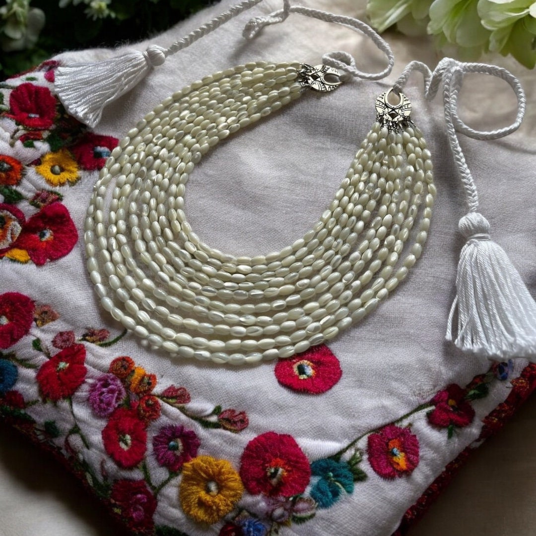 2025 White Ukrainian Traditional Necklace - Ethnic Ceramics Multirow Mother of Pearl Jewelry for Women