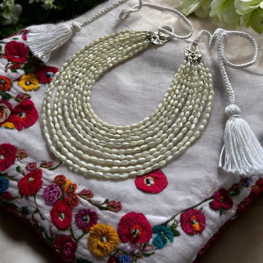 2025 White Ukrainian Traditional Necklace - Ethnic Ceramics Multirow Mother of Pearl Jewelry for Women