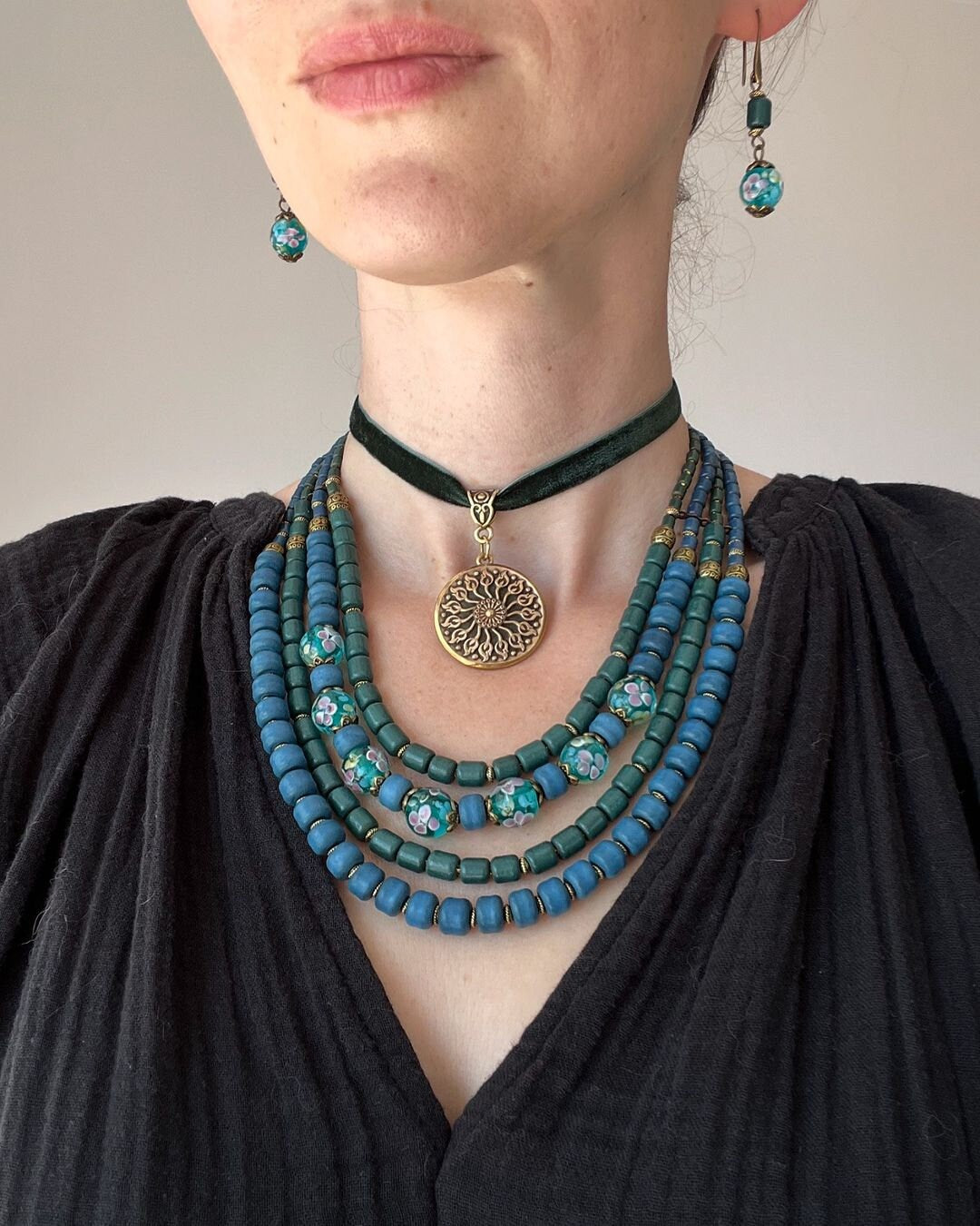 Ukrainian Ceramic Jewelry Set: Traditional Multirow Necklace & Earrings with Glass Beads Pendant