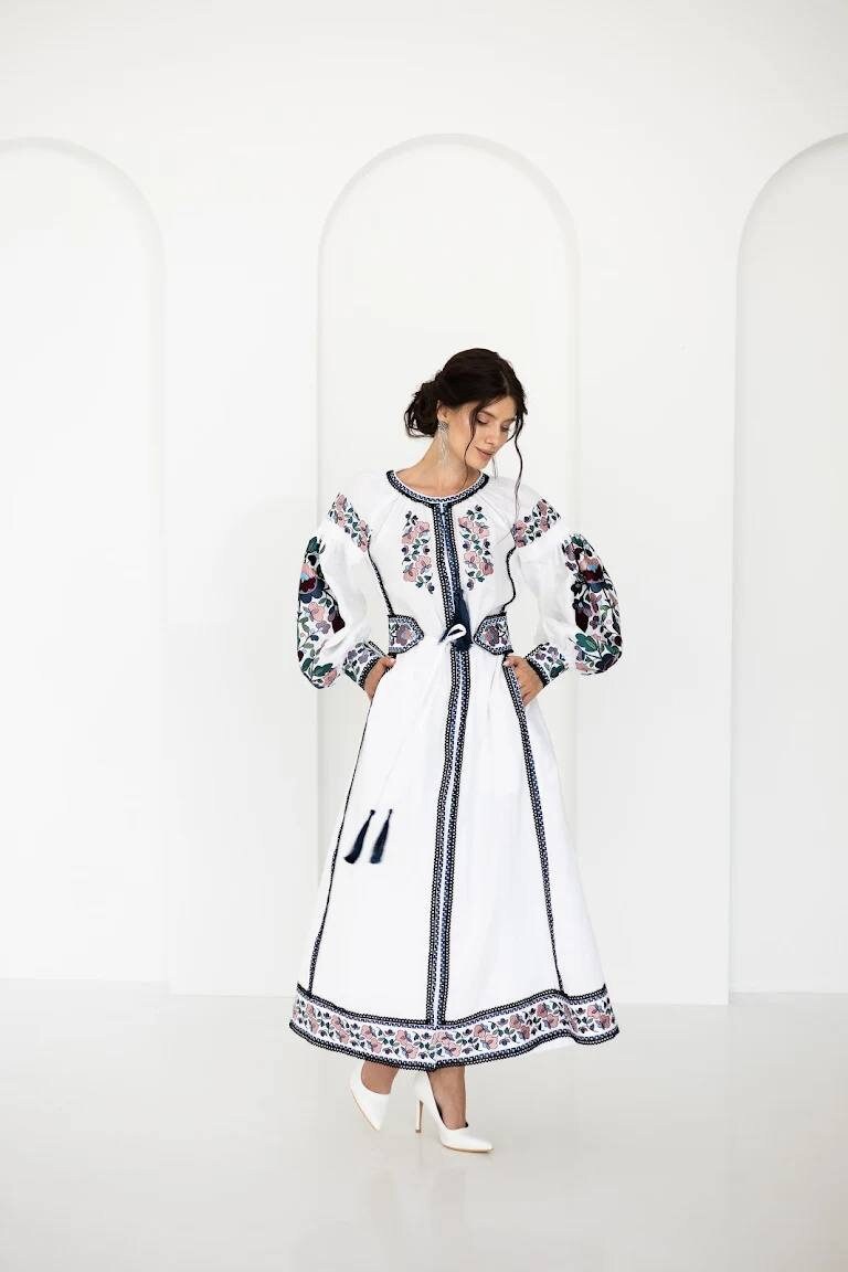 White Wedding Linen Dress with Exquisite Ukrainian Vyshyvanka Blue Embroidery Linen Embroidered Dress Ukrainian Dress Boho style
