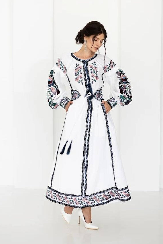 White Wedding Linen Dress with Exquisite Ukrainian Vyshyvanka Blue Embroidery Linen Embroidered Dress Ukrainian Dress Boho style