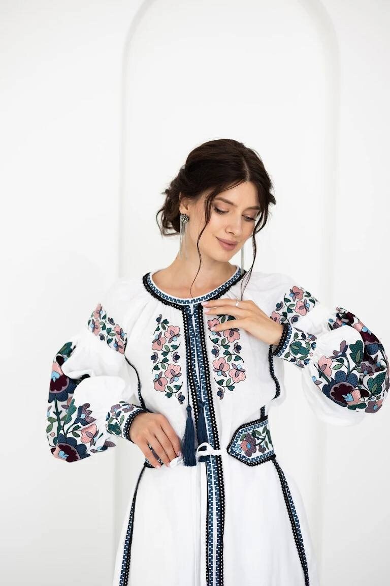 White Wedding Linen Dress with Exquisite Ukrainian Vyshyvanka Blue Embroidery Linen Embroidered Dress Ukrainian Dress Boho style