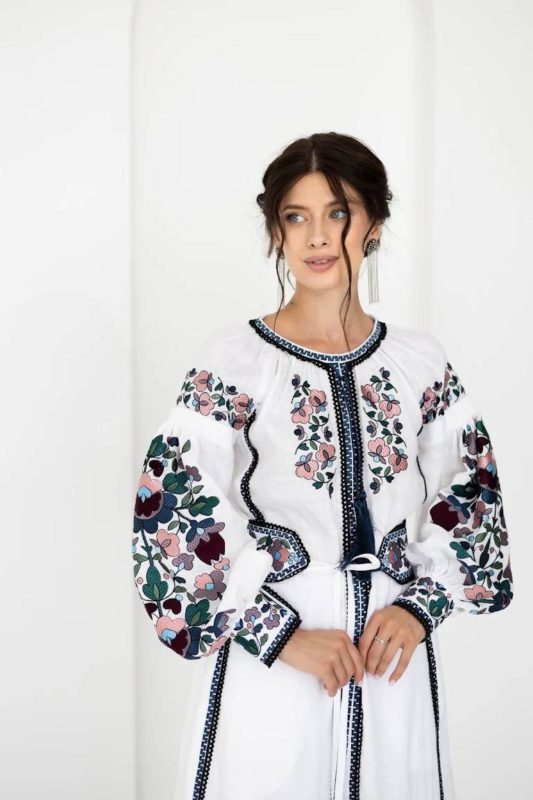 White Wedding Linen Dress with Exquisite Ukrainian Vyshyvanka Blue Embroidery Linen Embroidered Dress Ukrainian Dress Boho style