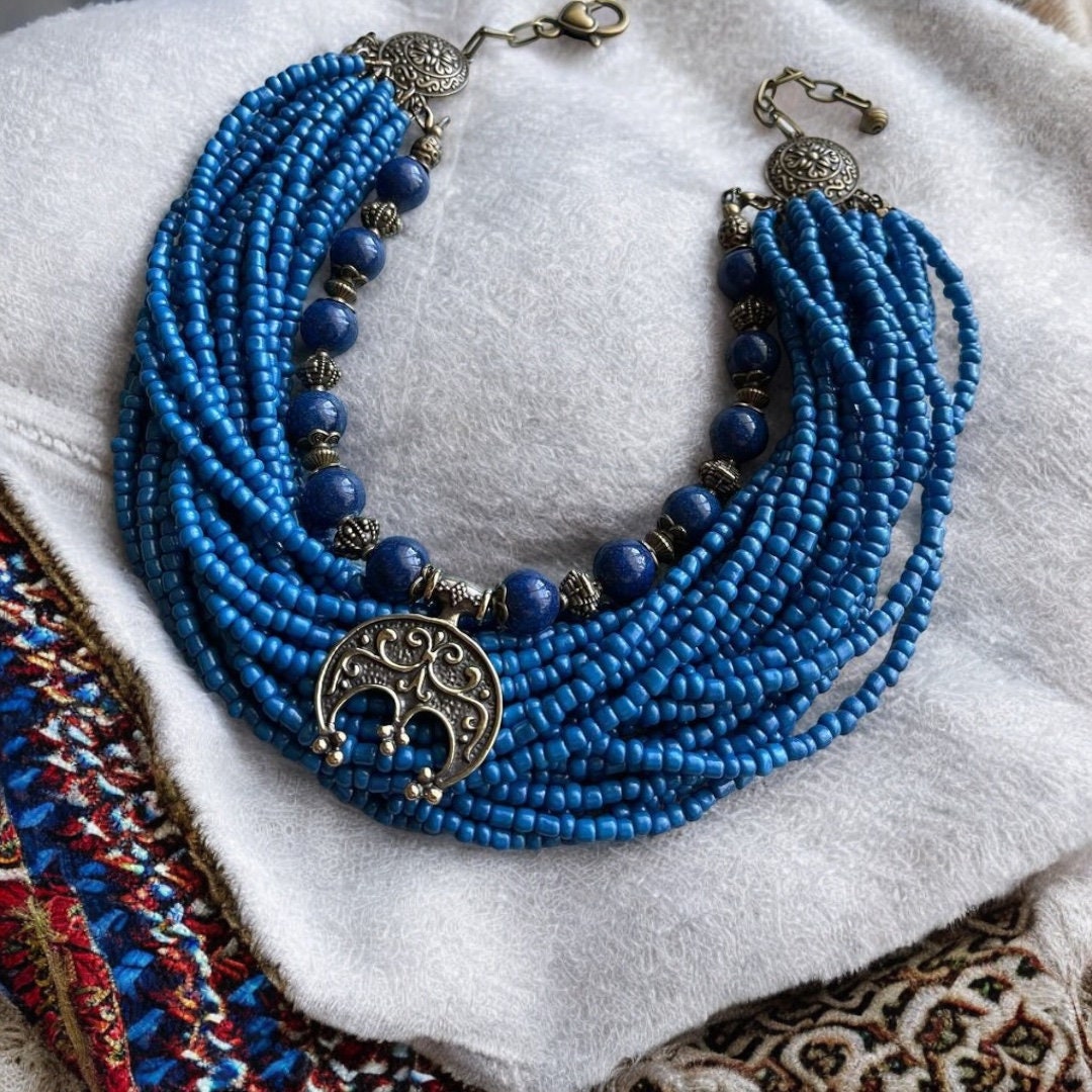 Blue Ukrainian Ethnic Necklace and Earrings Set - Multirow Glass Bead Jewelry for Women