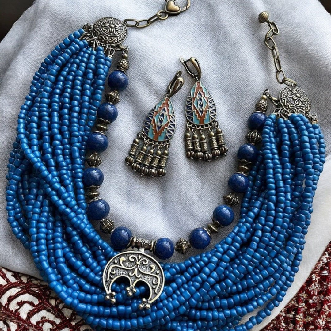 Blue Ukrainian Ethnic Necklace and Earrings Set - Multirow Glass Bead Jewelry for Women