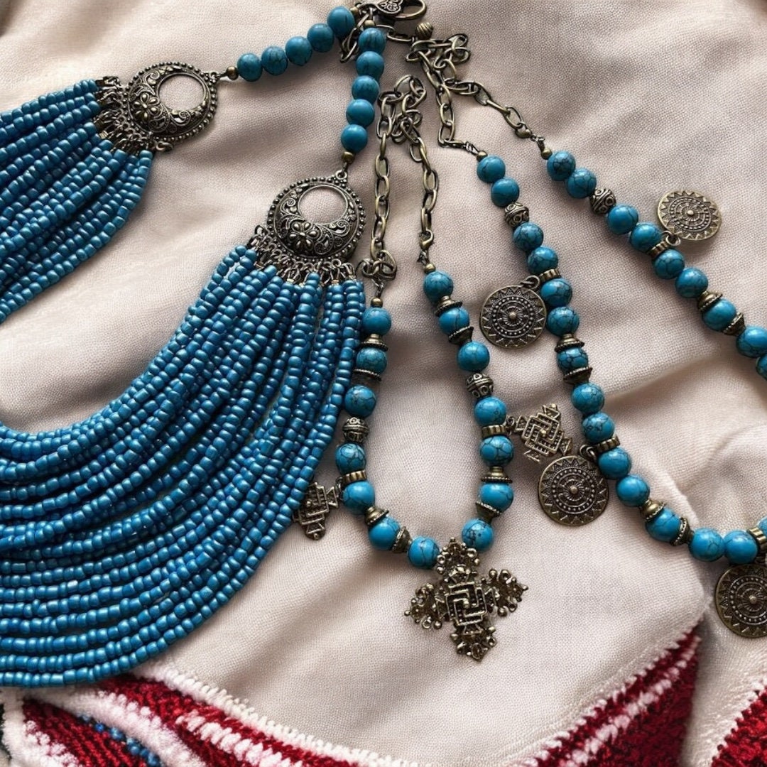 Ukrainian Folk Multirow Necklace with Glass Beads & Metal Owl Pendant