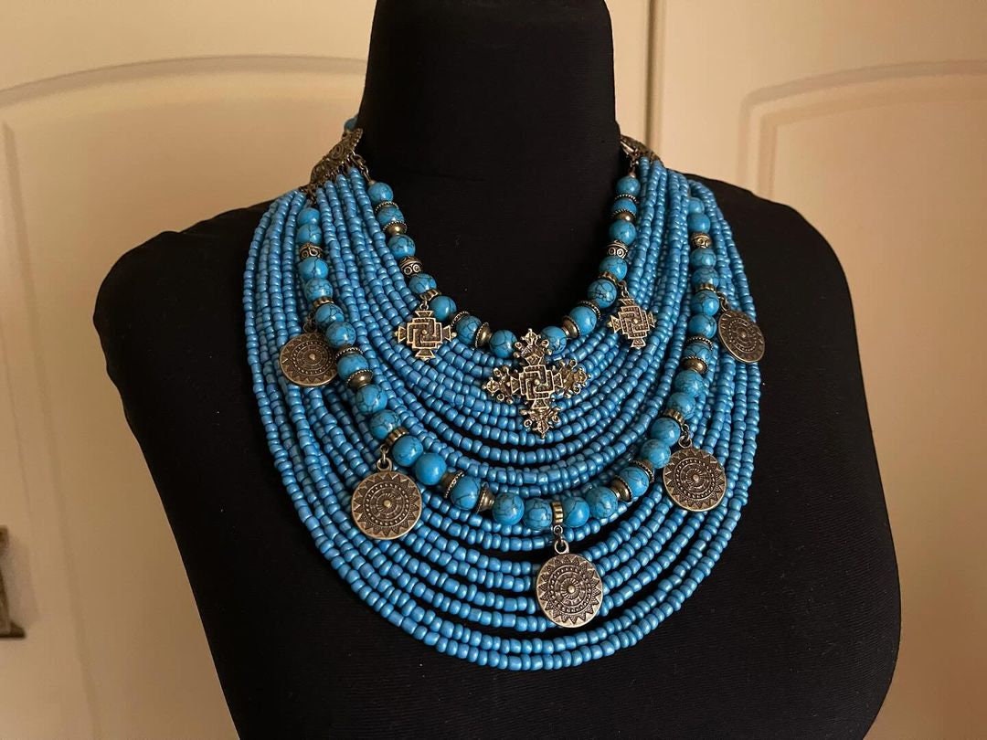 Ukrainian Folk Multirow Necklace with Glass Beads & Metal Owl Pendant