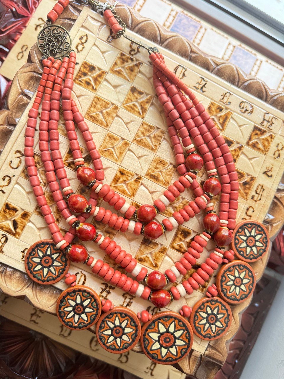 2025 Red Ukrainian Necklace - Handmade Clay Beads Ethnic Folk Jewelry