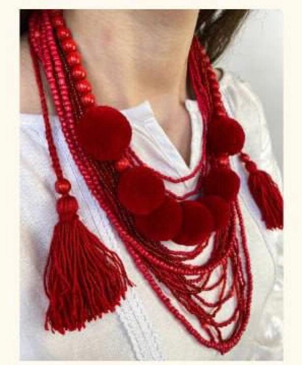 Ukrainian Traditional Multirow Necklace with Kutas and Beads - Authentic Folk Art Jewelry for Women