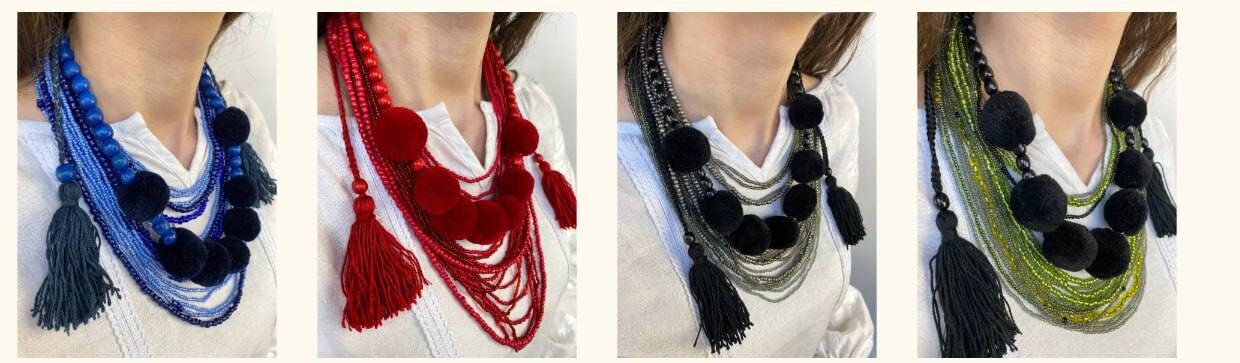 Ukrainian Traditional Multirow Necklace with Kutas and Beads - Authentic Folk Art Jewelry for Women