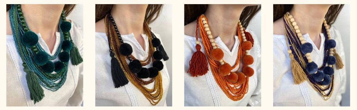 Ukrainian Traditional Multirow Necklace with Kutas and Beads - Authentic Folk Art Jewelry for Women