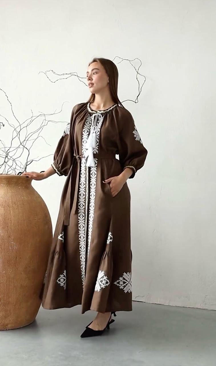 Brown Linen Embroidered Dress with Embroidery Ukrainian Vyshyvanka Dress Folk Art Linen Embroidered Dress Ukrainian Dress Boho style