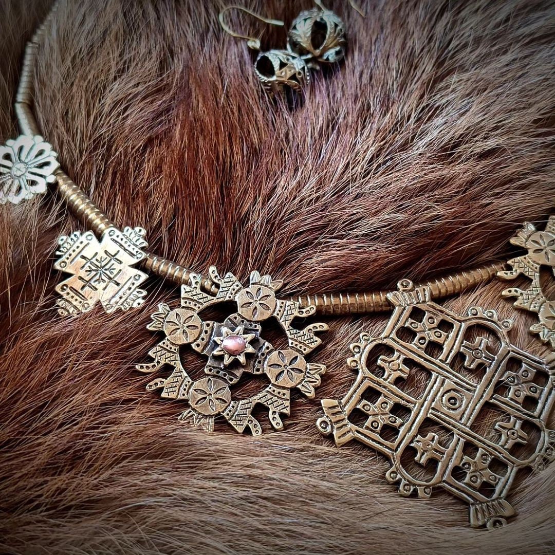 SET Ukrainian Guardian Necklace + Earrings Ethnic Metal Necklace Family Amulet Ukrainian Folk Costume Traditional Necklace Gift for Her
