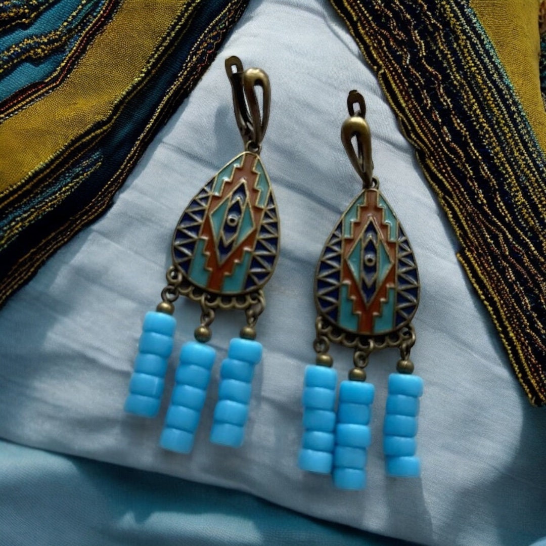 Blue Ukrainian Ceramic Bead Earrings - Handmade Traditional Ethnic Jewelry