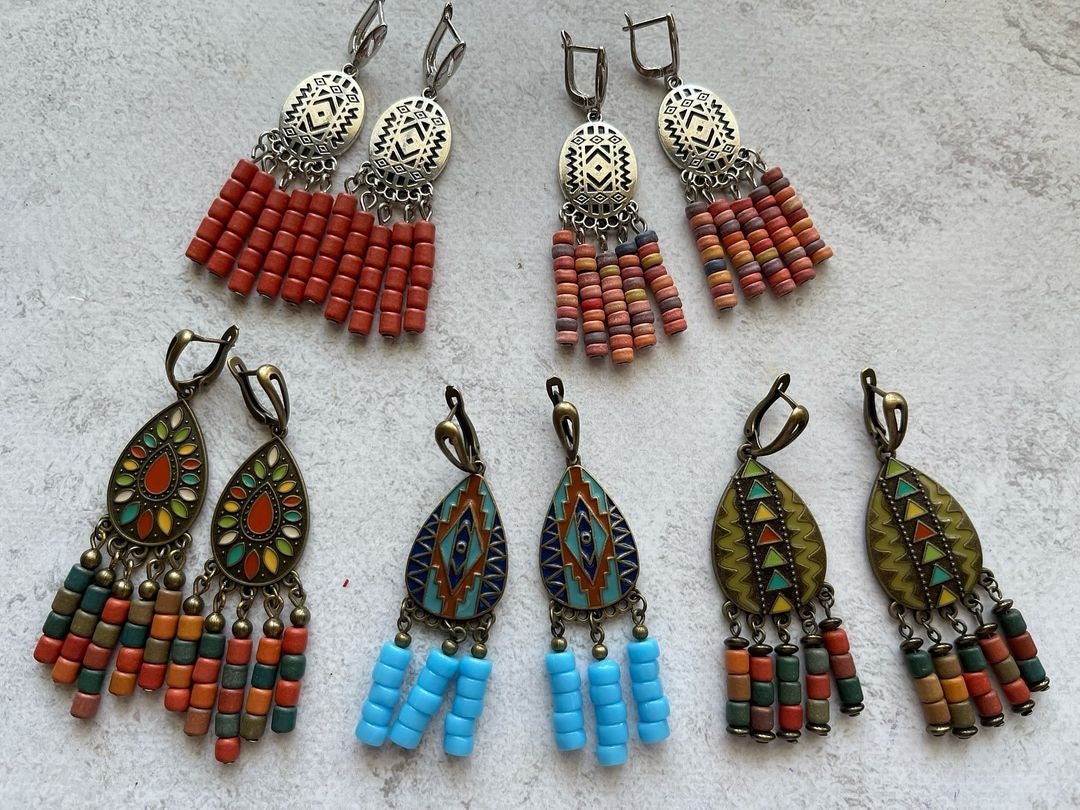 Blue Ukrainian Ceramic Bead Earrings - Handmade Traditional Ethnic Jewelry
