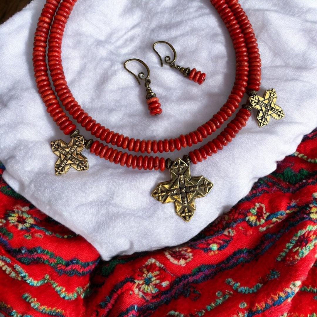 Ukrainian Handmade Red Coral Necklace and Earrings Set – Traditional Folk Art Jewelry for Women