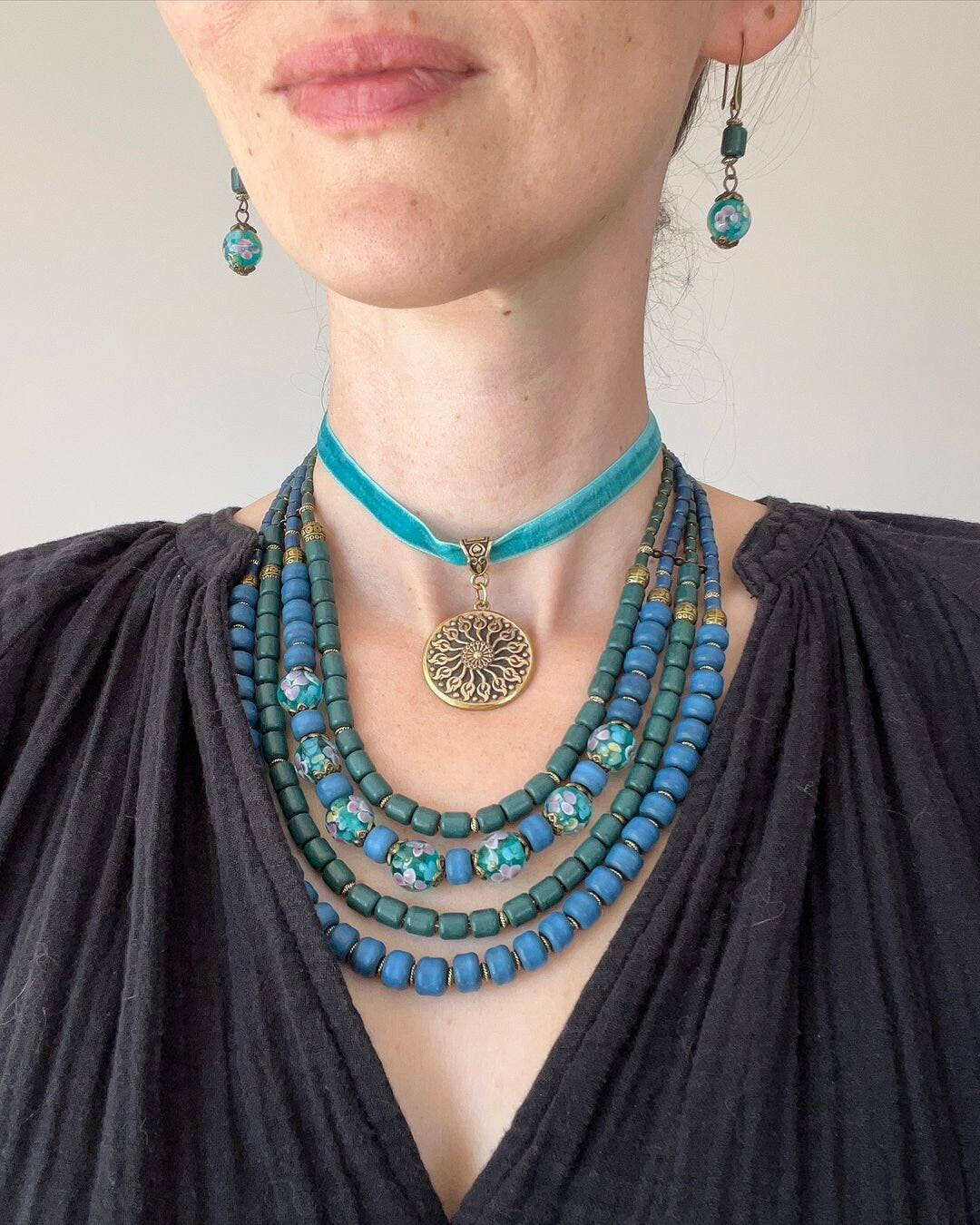 Ukrainian Ceramic Jewelry Set: Traditional Multirow Necklace & Earrings with Glass Beads Pendant