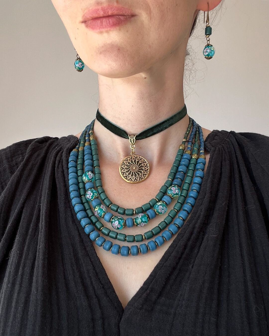 Ukrainian Ceramic Jewelry Set: Traditional Multirow Necklace & Earrings with Glass Beads Pendant
