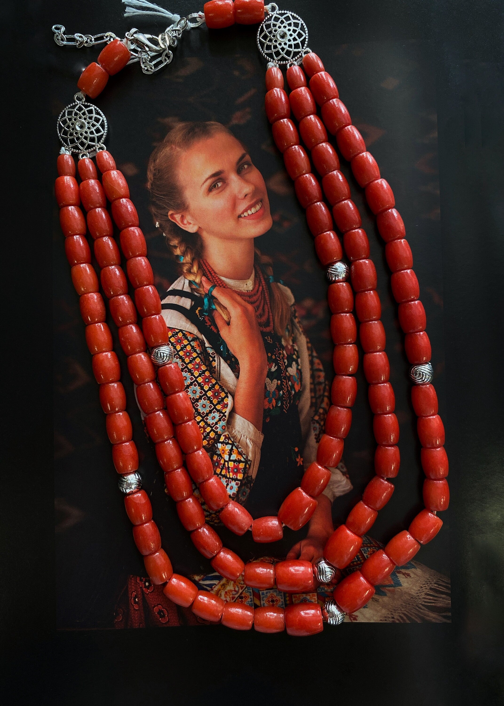 Handmade Red Ukrainian Traditional Multirow Coral Necklace - Authentic Ethnic Jewelry