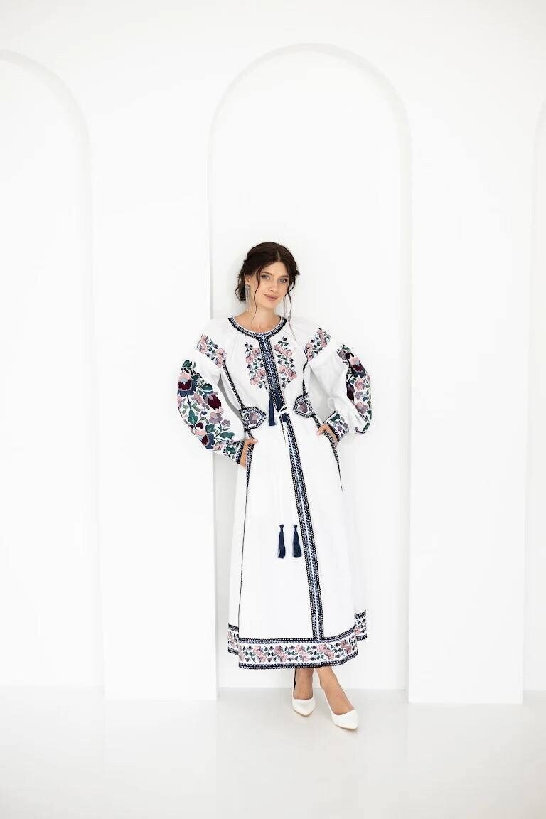 White Wedding Linen Dress with Exquisite Ukrainian Vyshyvanka Blue Embroidery Linen Embroidered Dress Ukrainian Dress Boho style