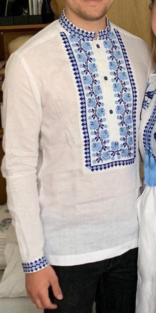 Men's White Linen Vyshyvanka Shirt with Blue Embroidery