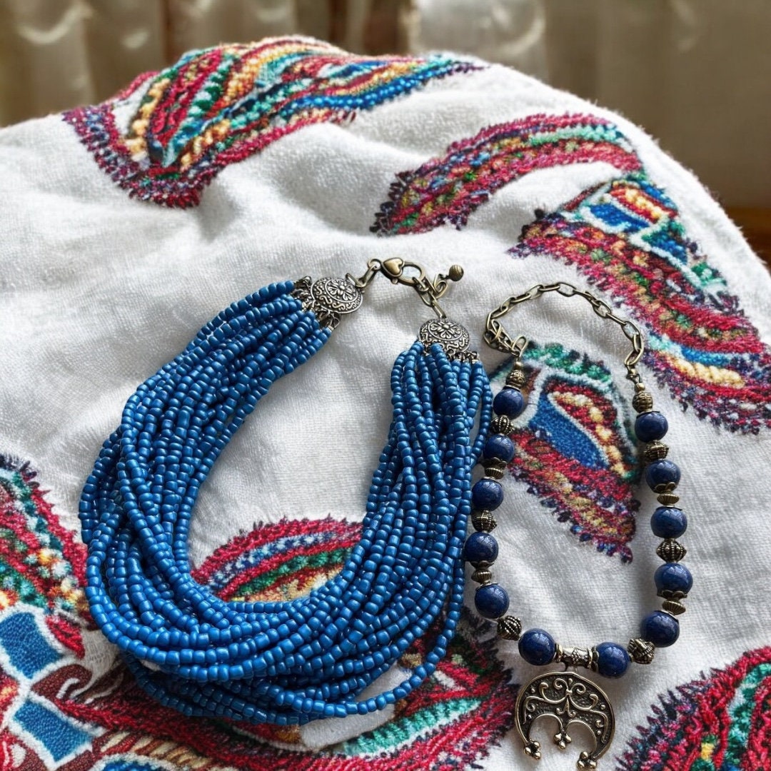 Blue Ukrainian Ethnic Necklace and Earrings Set - Multirow Glass Bead Jewelry for Women