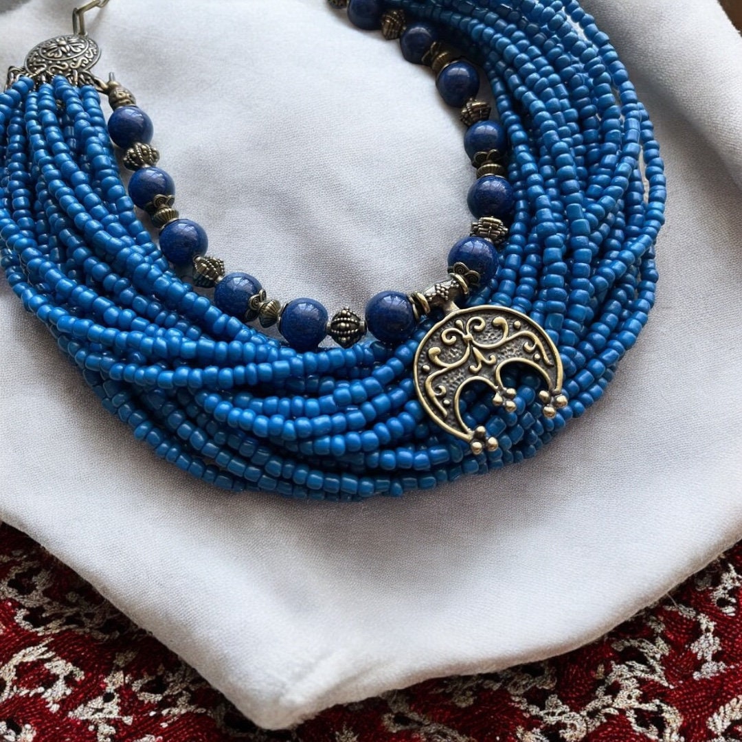 Blue Ukrainian Ethnic Necklace and Earrings Set - Multirow Glass Bead Jewelry for Women