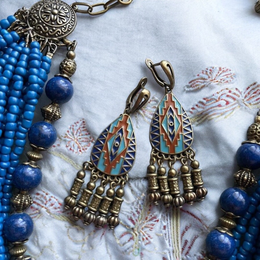Blue Ukrainian Ethnic Necklace and Earrings Set - Multirow Glass Bead Jewelry for Women