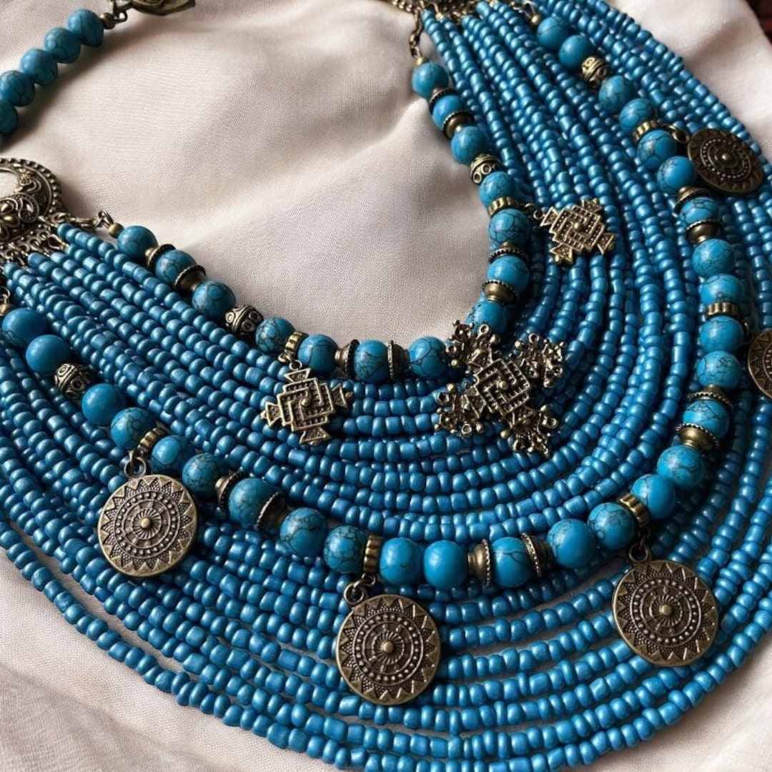 Ukrainian Folk Multirow Necklace with Glass Beads & Metal Owl Pendant