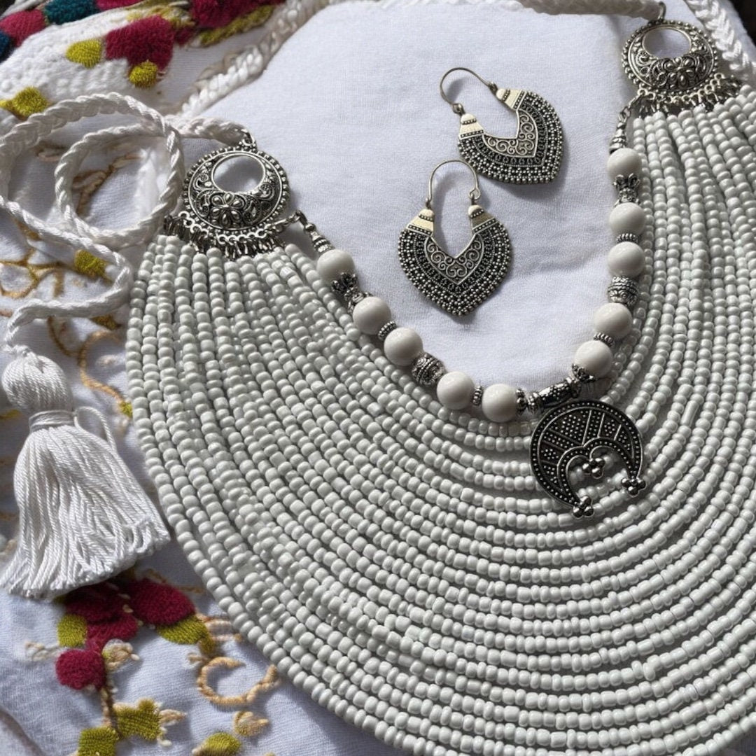 White Ukrainian Traditional Multirow Necklace and Earrings Set with Glass Beads and Moon Pendant