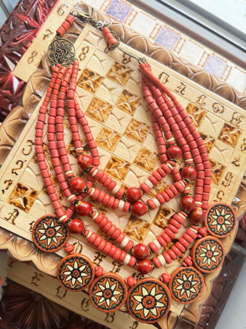 2025 Red Ukrainian Necklace - Handmade Clay Beads Ethnic Folk Jewelry