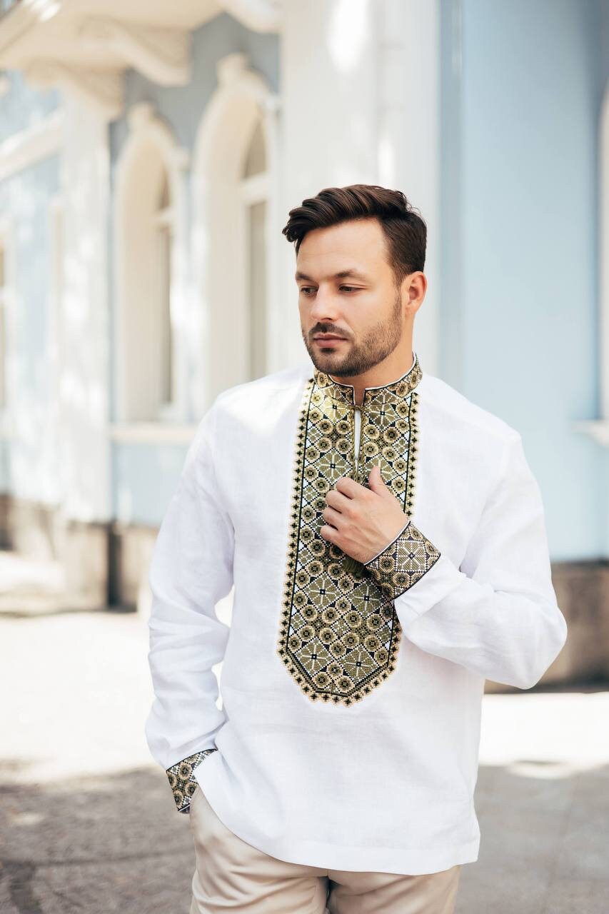 White Embroidered Ukrainian Vyshyvanka Shirt for Men