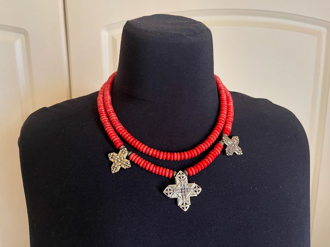 Ukrainian Handmade Red Coral Necklace and Earrings Set – Traditional Folk Art Jewelry for Women