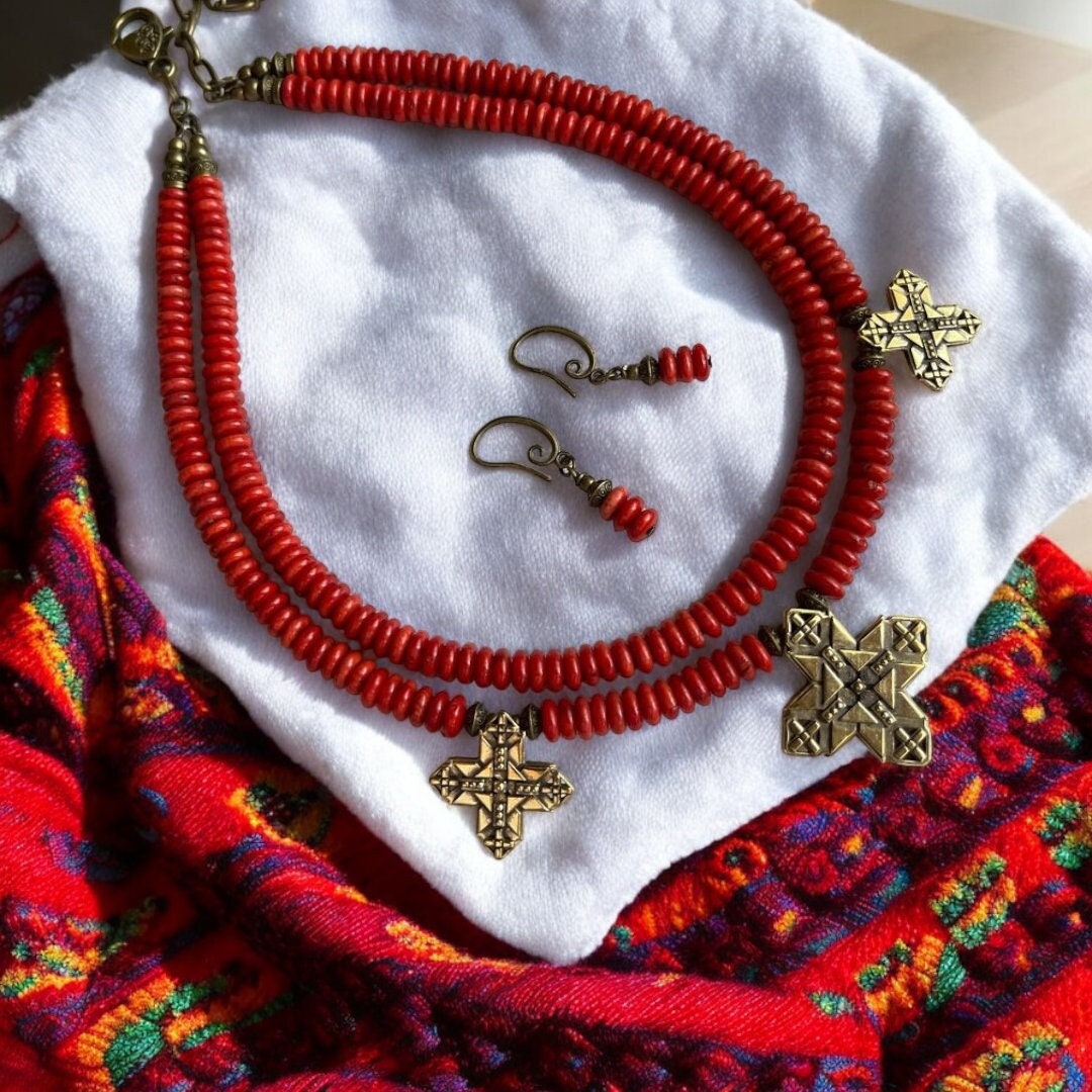 Ukrainian Handmade Red Coral Necklace and Earrings Set – Traditional Folk Art Jewelry for Women