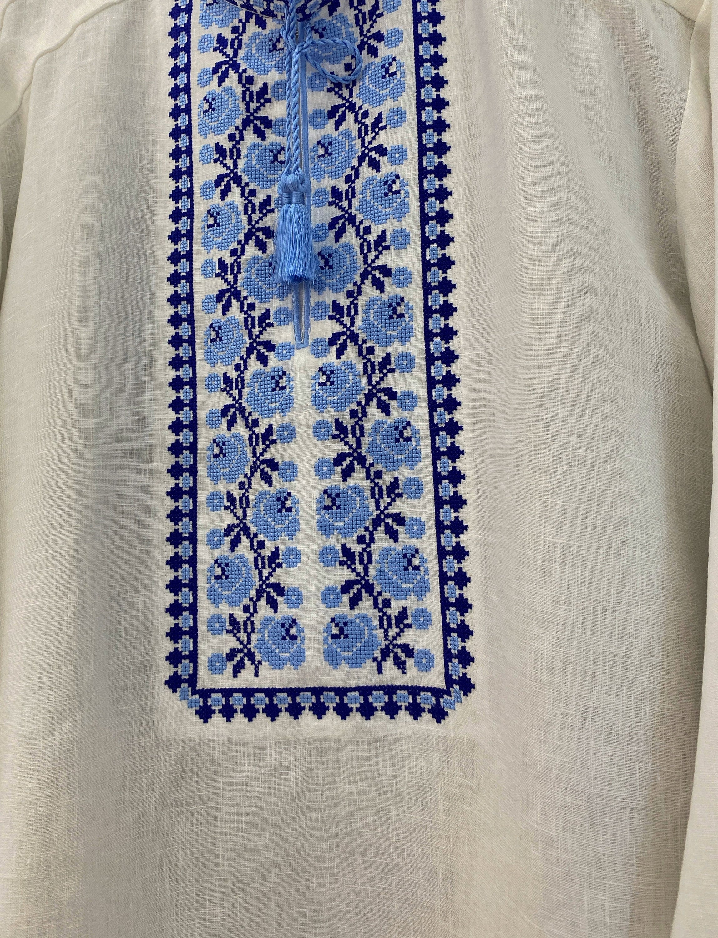 Men's White Linen Vyshyvanka Shirt with Blue Embroidery
