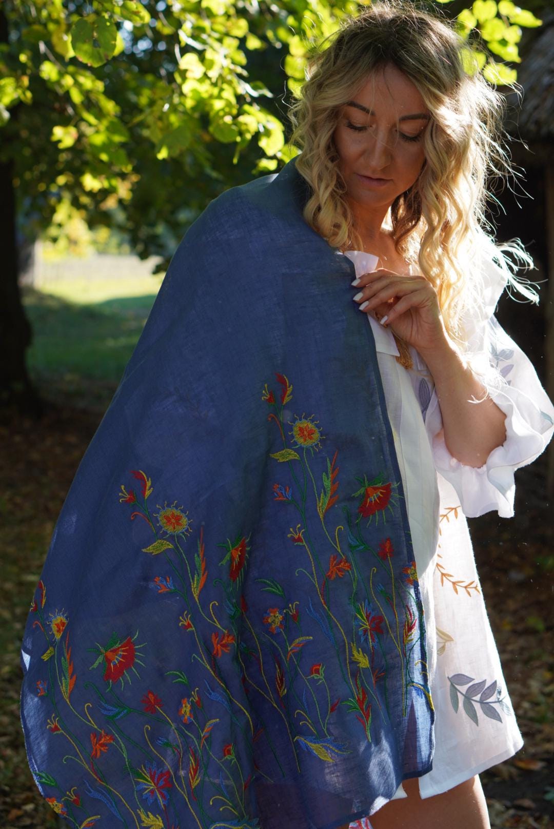 Blue Embroidered Ukrainian shawl,Traditional Ukrainian, bohemian scarf flower, Ukrainian clothings