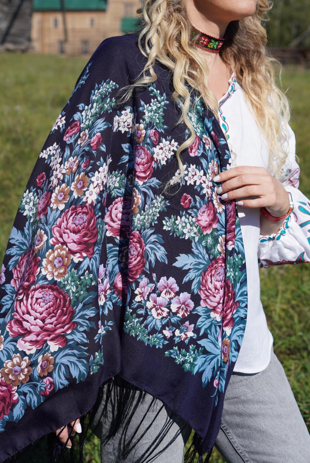 Wool 80% Dark Blue Bohemian shawl Gift for EasterUkrainian Shawl Word of Love,Traditional scarf Large Ethnic shawl châle ukrainien