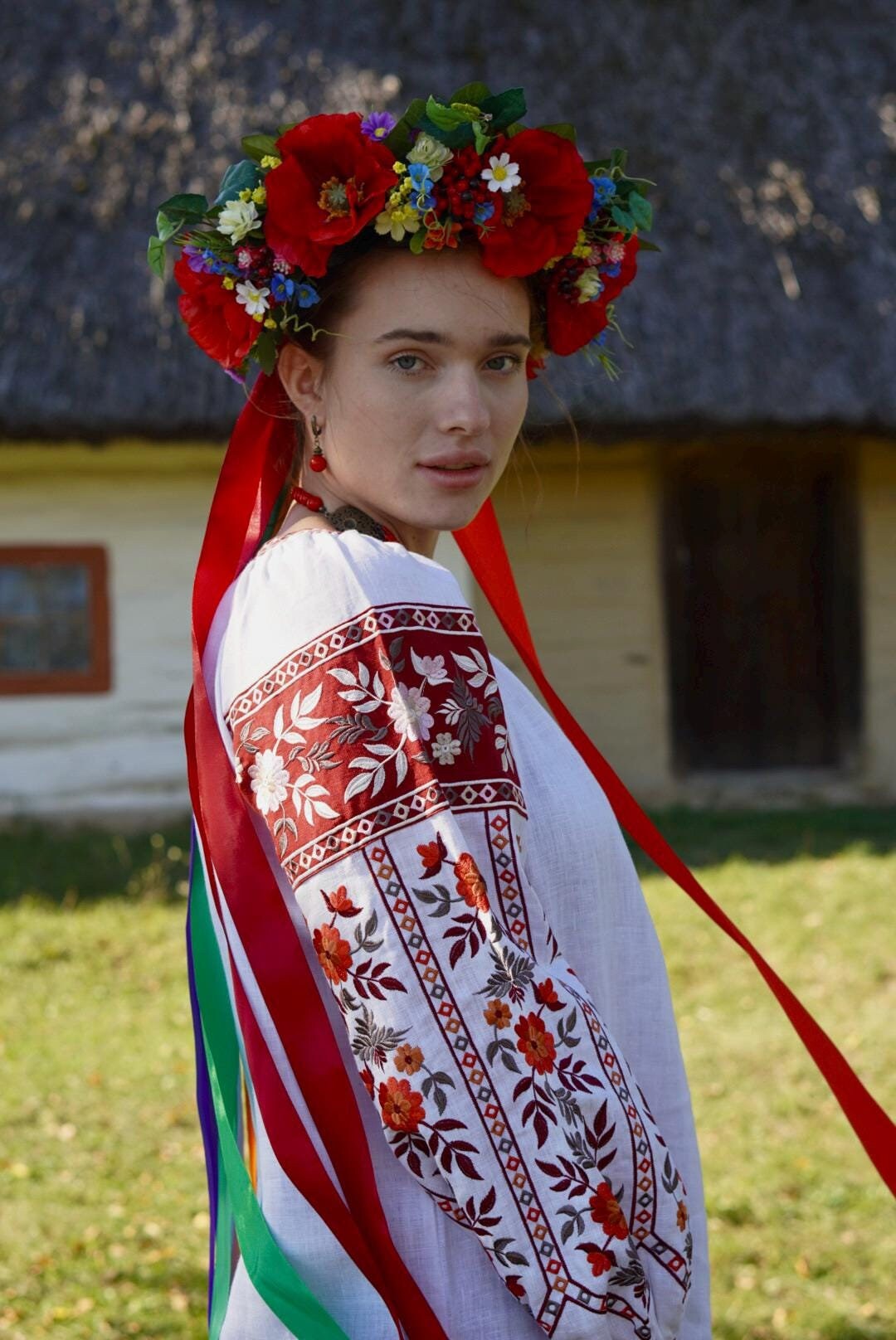 Red Floral headdress with the colored ribbons Colorful flower crown with ribbons, Romantic wedding Flower halo Bridal floral