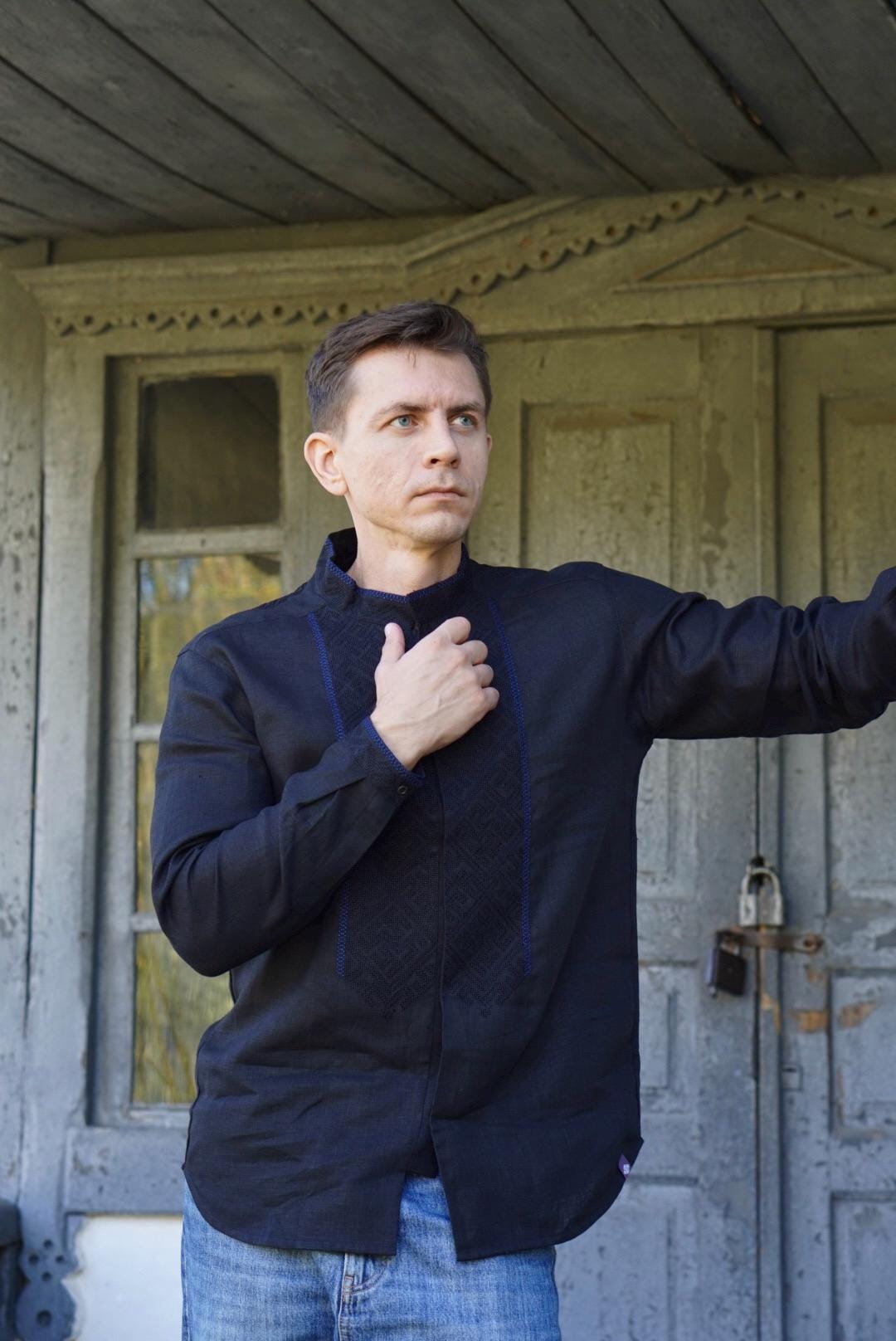 Black Linen Shirt Ukrainian Vyshyvanka Men's embroidered shirt