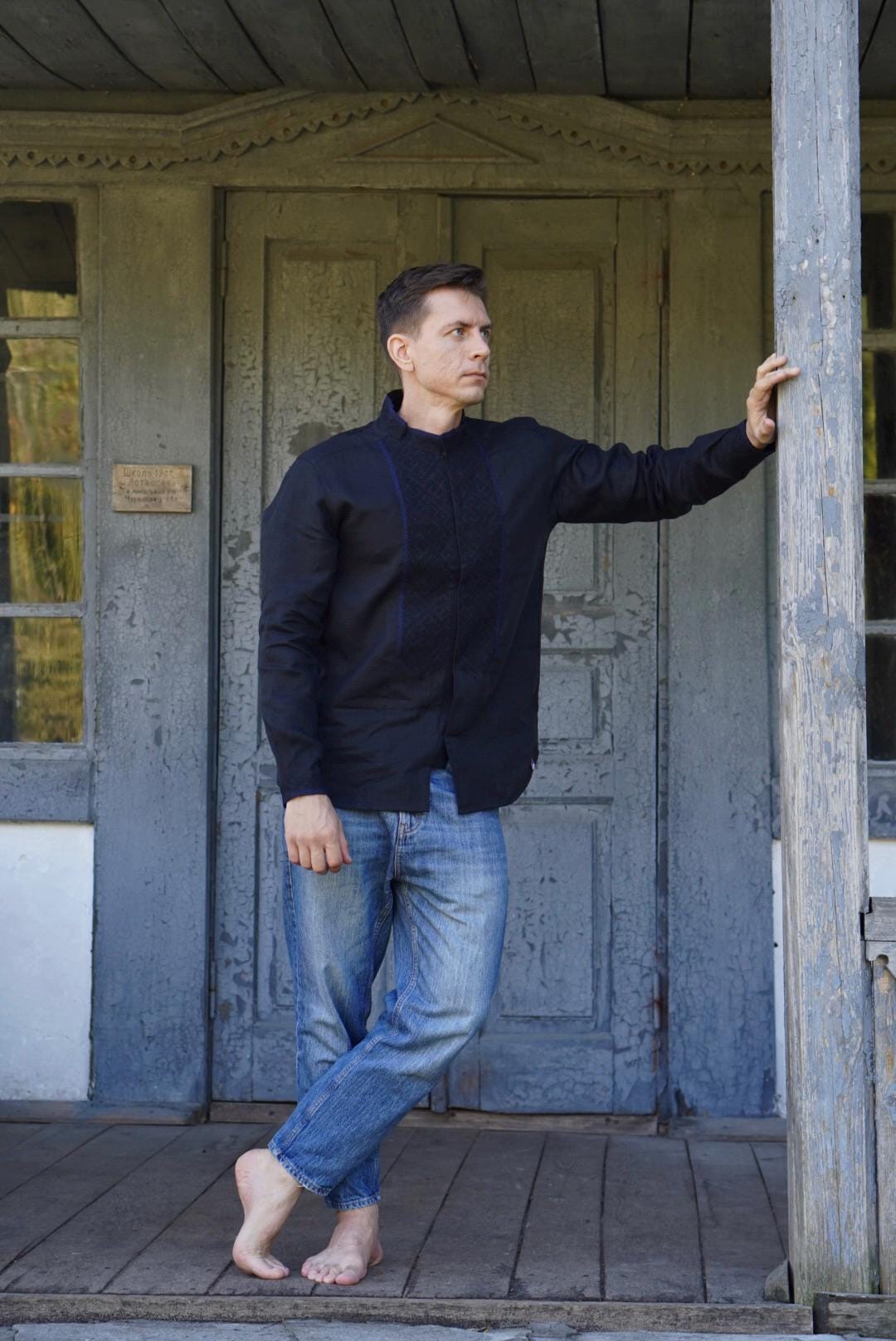 Black Linen Shirt Ukrainian Vyshyvanka Men's embroidered shirt