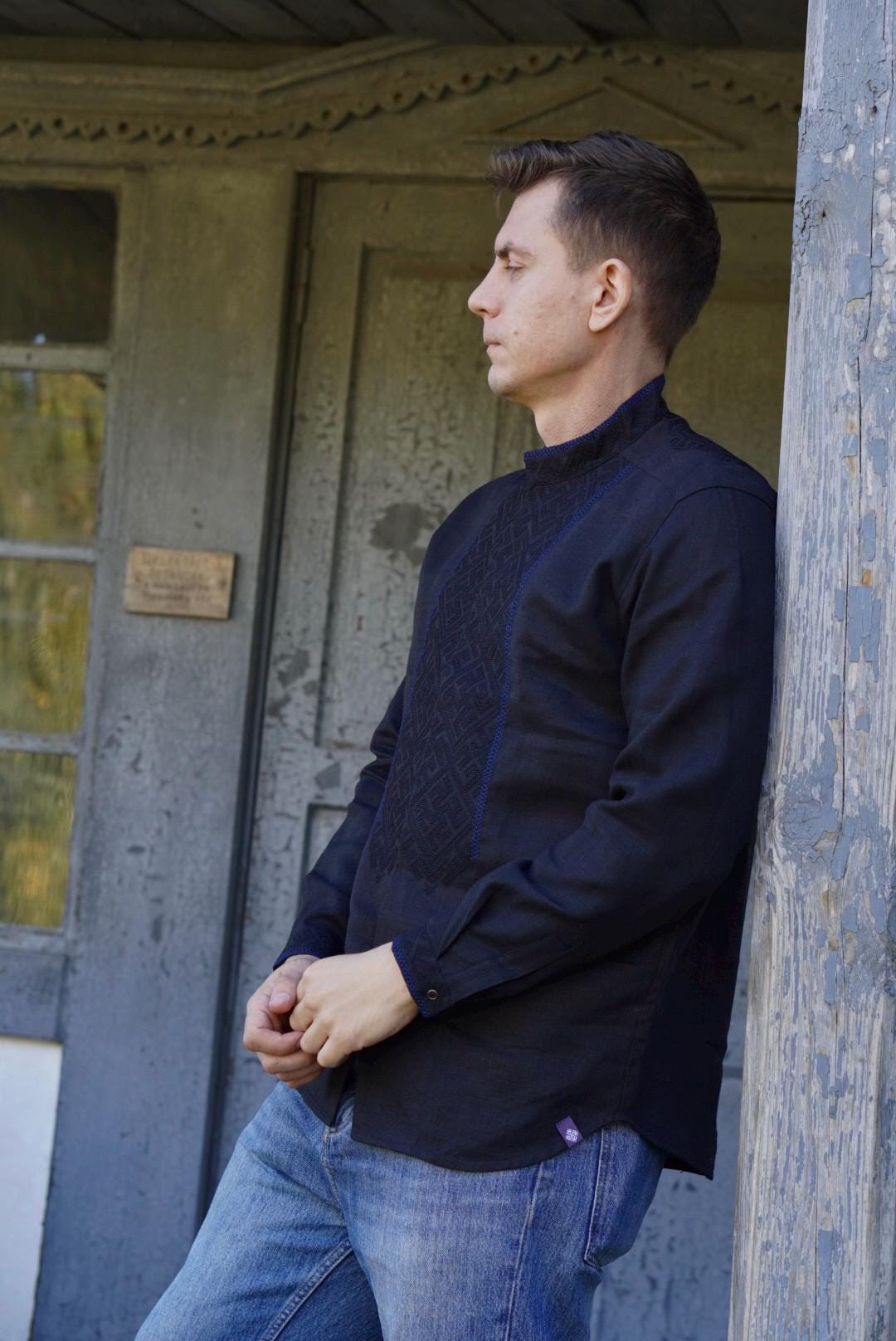 Black Linen Shirt Ukrainian Vyshyvanka Men's embroidered shirt