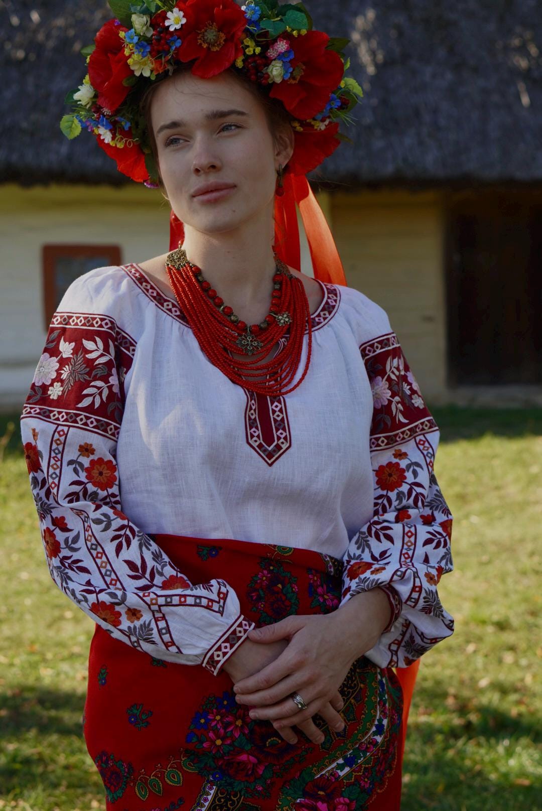 Red Ukrainian Traditional necklace MOTHERS DAY GIFT Jewelry Ethnic Multirow Necklace of Pressed Coral with contempt Ukraine artiste