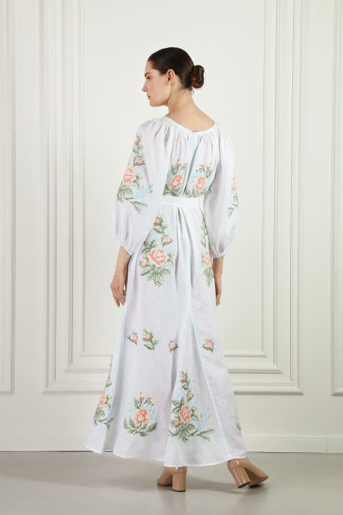 White Linen Ukrainian Dress Wedding Ethnic Bridesmaid Dress, Embroidered Dress, Folk Linen Dress, Midsommar dress, Boho White Dress