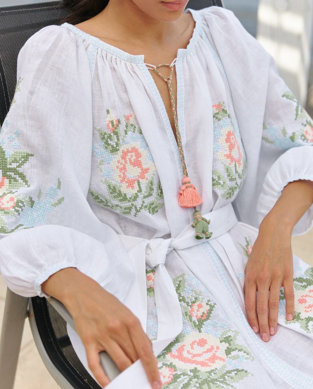 White Linen Ukrainian Dress Wedding Ethnic Bridesmaid Dress, Embroidered Dress, Folk Linen Dress, Midsommar dress, Boho White Dress