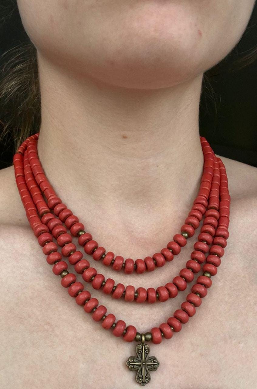 Red Necklace Ukrainian Traditional Jewelry Ethnic ceramics Multirow Necklace Gift for Her