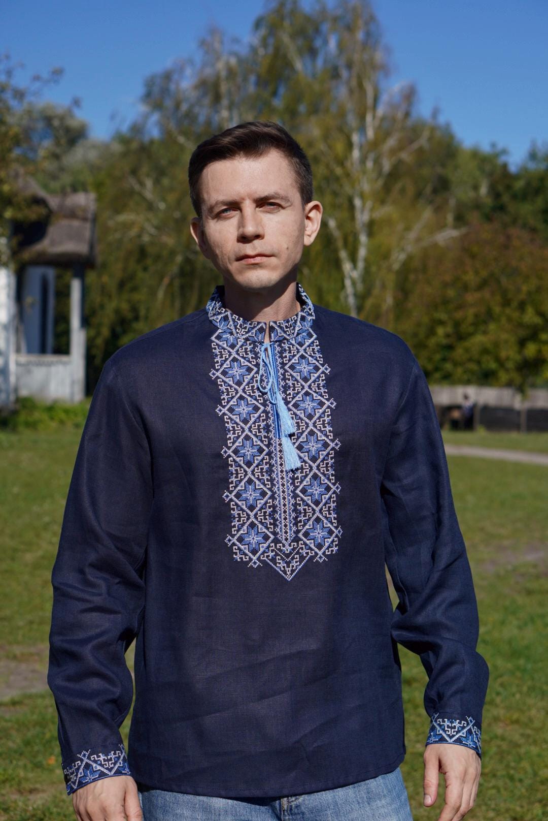 Blue Linen Shirt Ukrainian shirt unisex Embroidered shirt Unisex Traditional Vyshyvanka