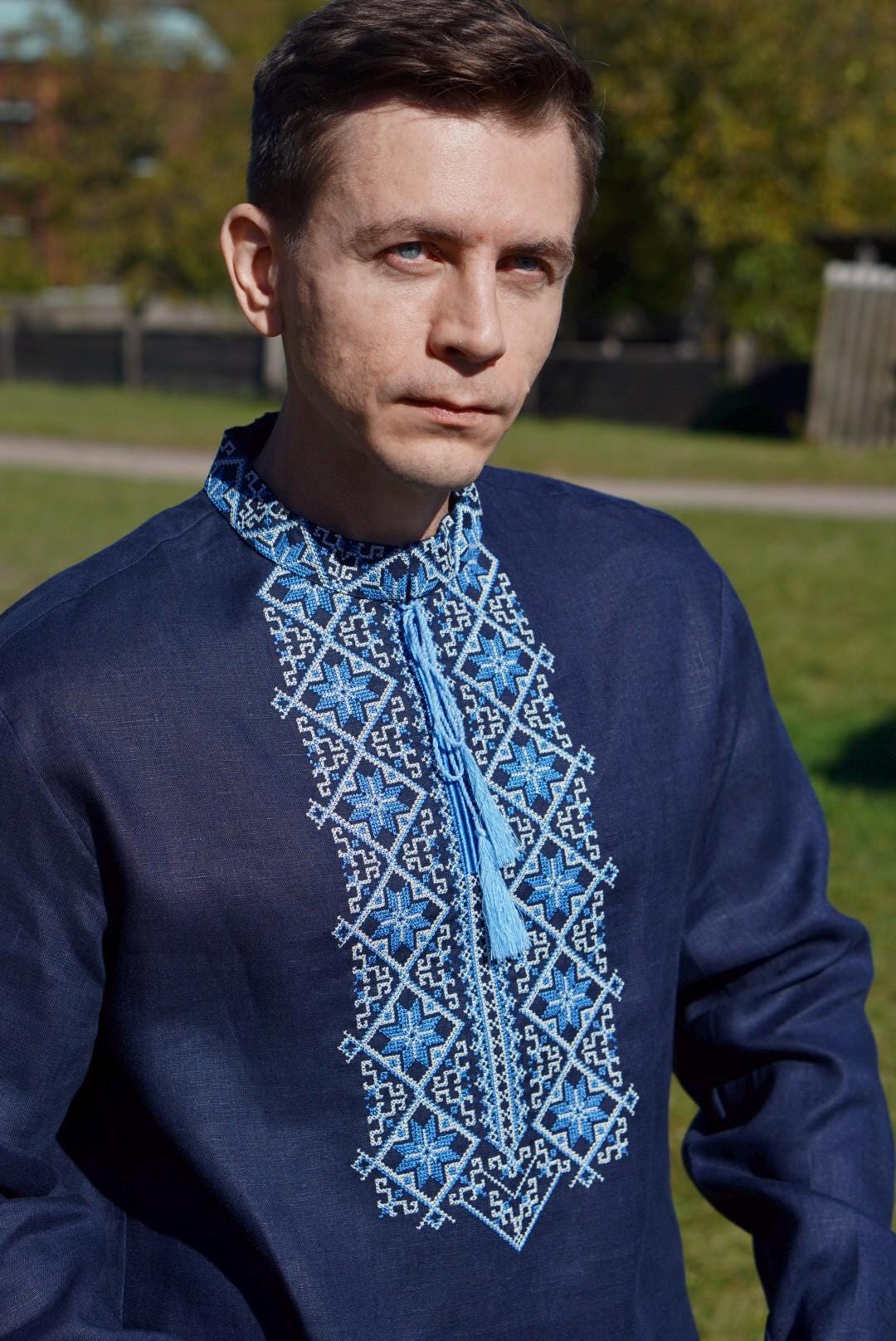 Blue Linen Shirt Ukrainian shirt unisex Embroidered shirt Unisex Traditional Vyshyvanka