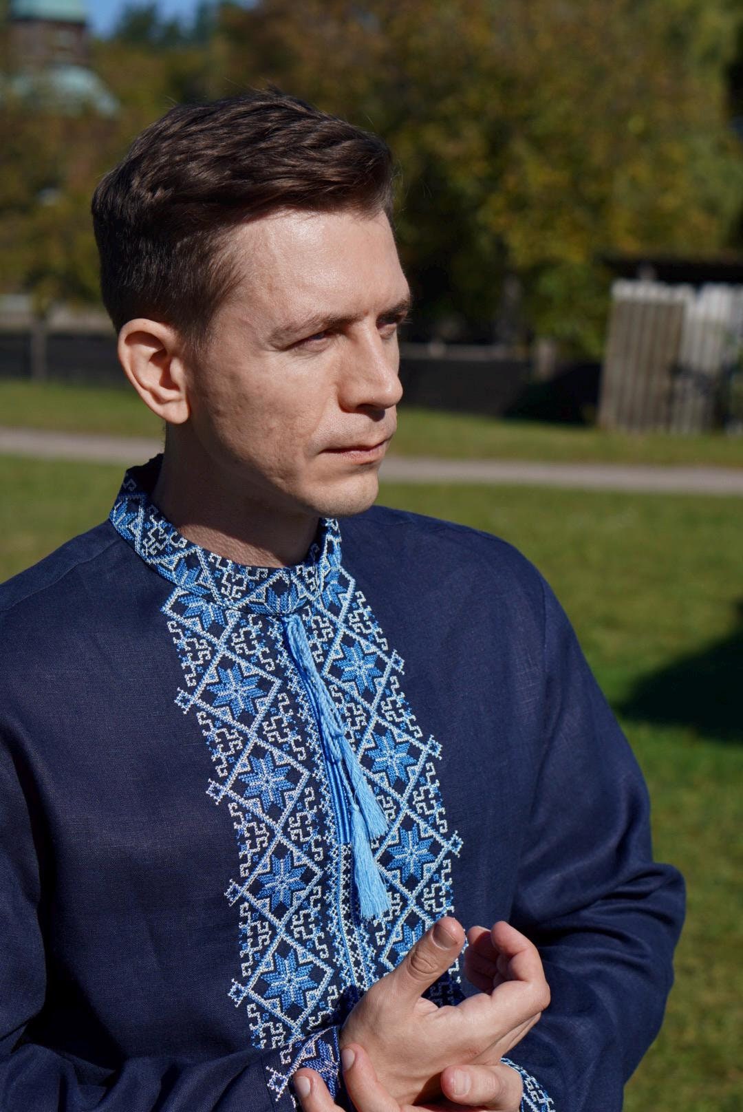 Blue Linen Shirt Ukrainian shirt unisex Embroidered shirt Unisex Traditional Vyshyvanka