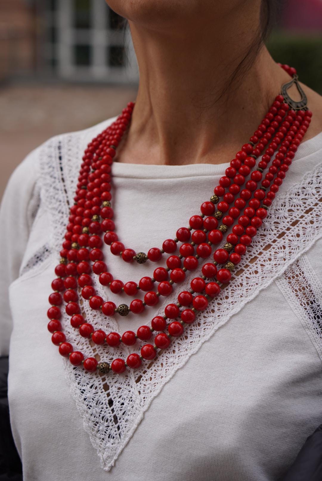 Red Ukrainian Traditional necklace Jewelry natural pressed coral Ethnic Necklace of natural pressed coral Gift for Her Gift for Wife